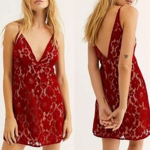 Free People "Dangerous Love" Red & Nude Lace Spaghetti Strap Mini Dress 6
